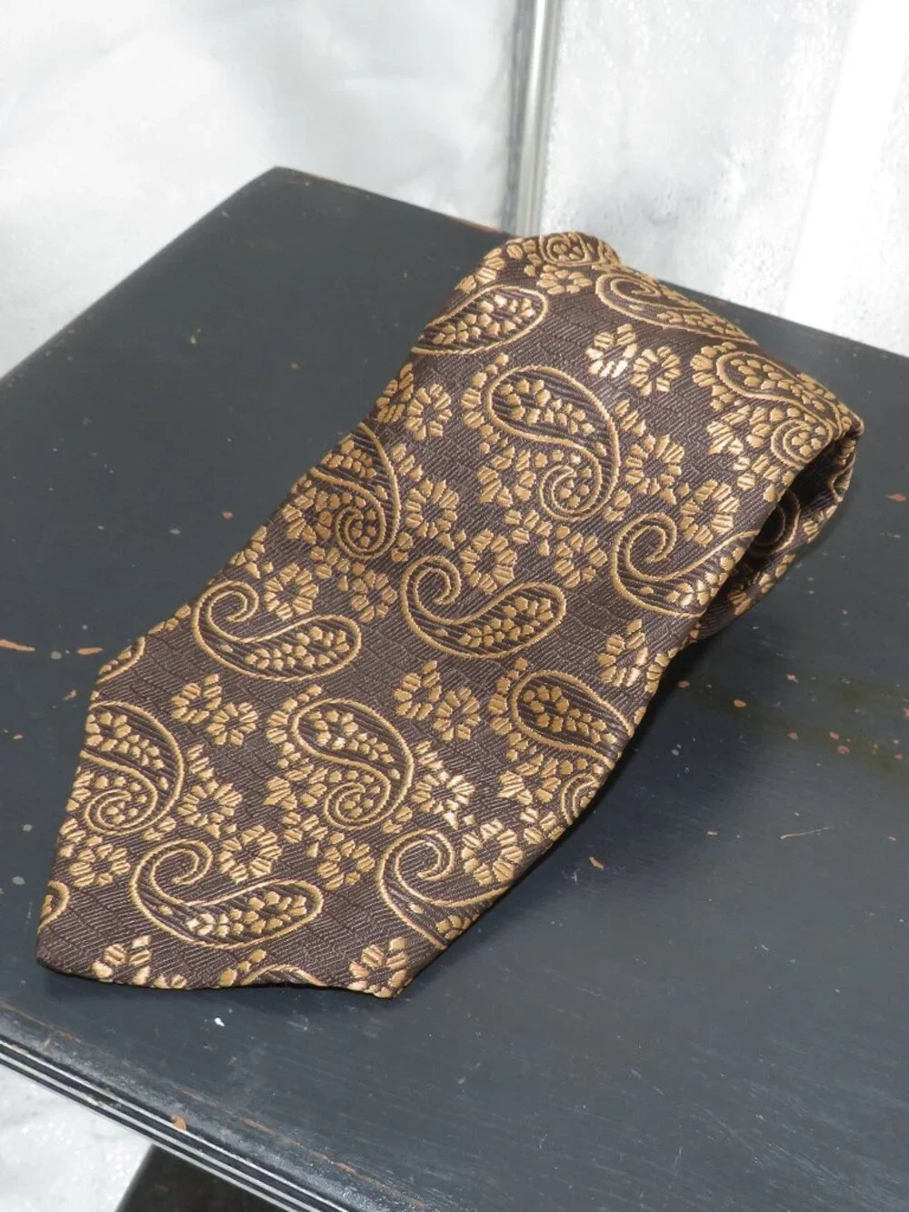 Vintage Smoothie Button Down Necktie Brown Gold Paisley Pattern Men OS Tie Retro